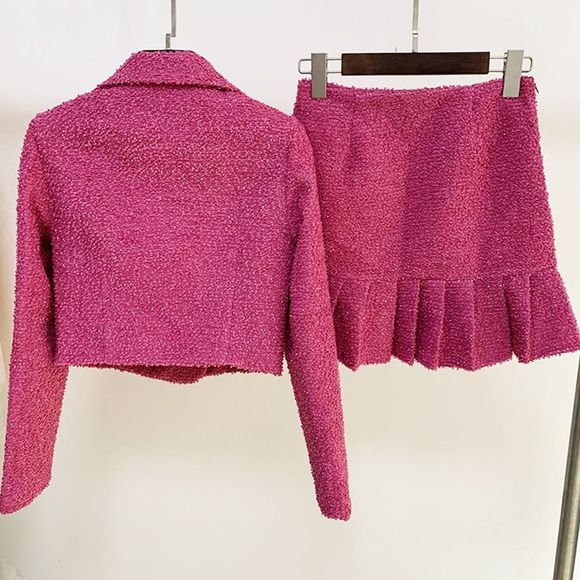 SOLD OUT TEXTURED PINK SET BLAZER AND SKIRT BARBIE CORE TREND JEWELED BUTTONS - Picture 4 of 9